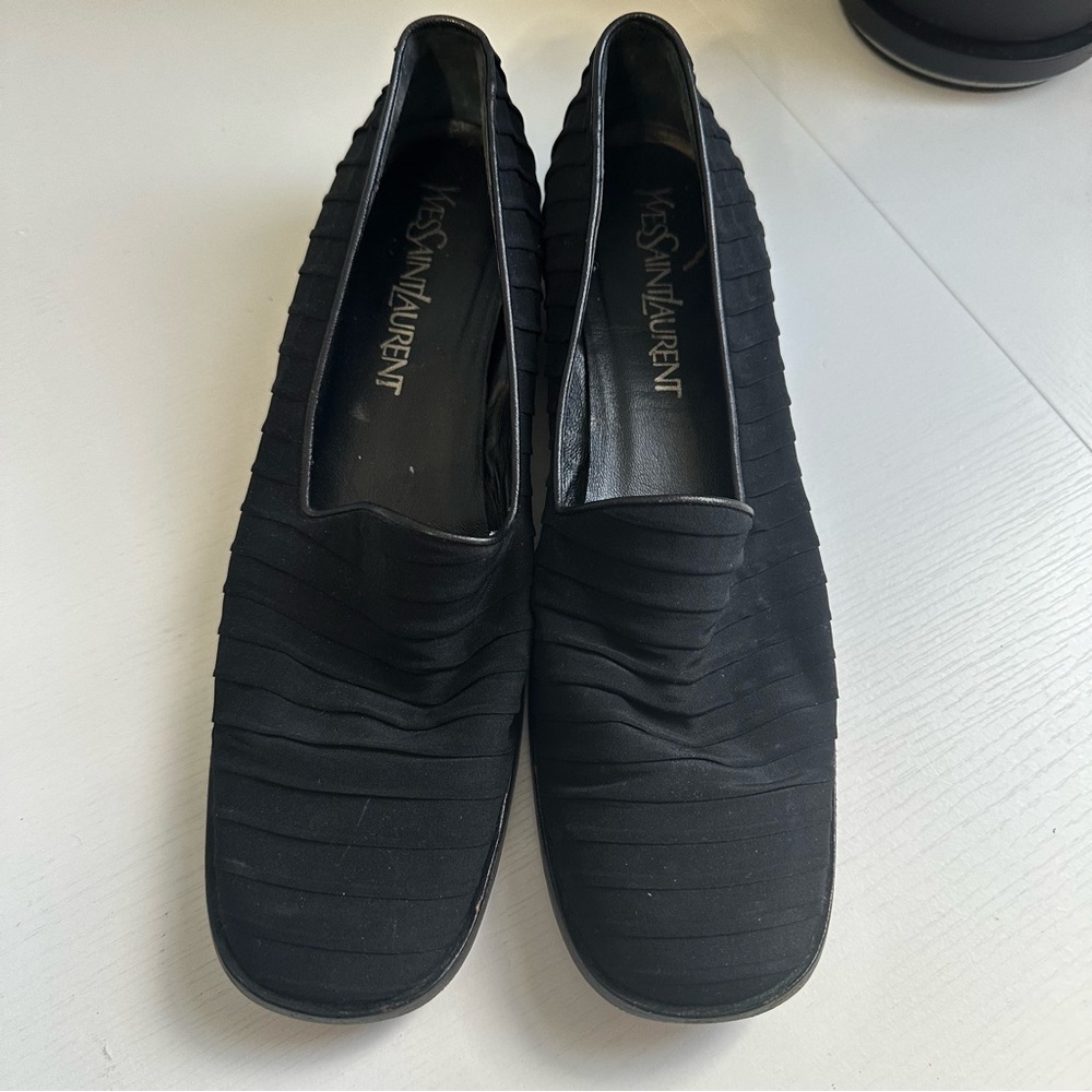 Vtg YSL Saint Laurent Women’s Pleated Black Fabric Loafers Slip On Sz 8